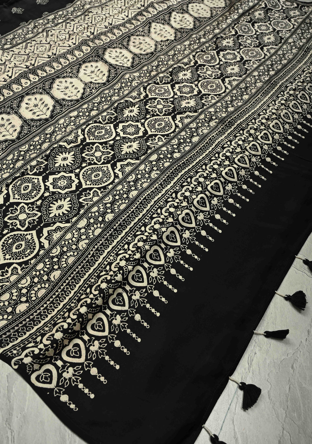 Black-White Modal Silk Saree with Ajrakh Hand Block Print