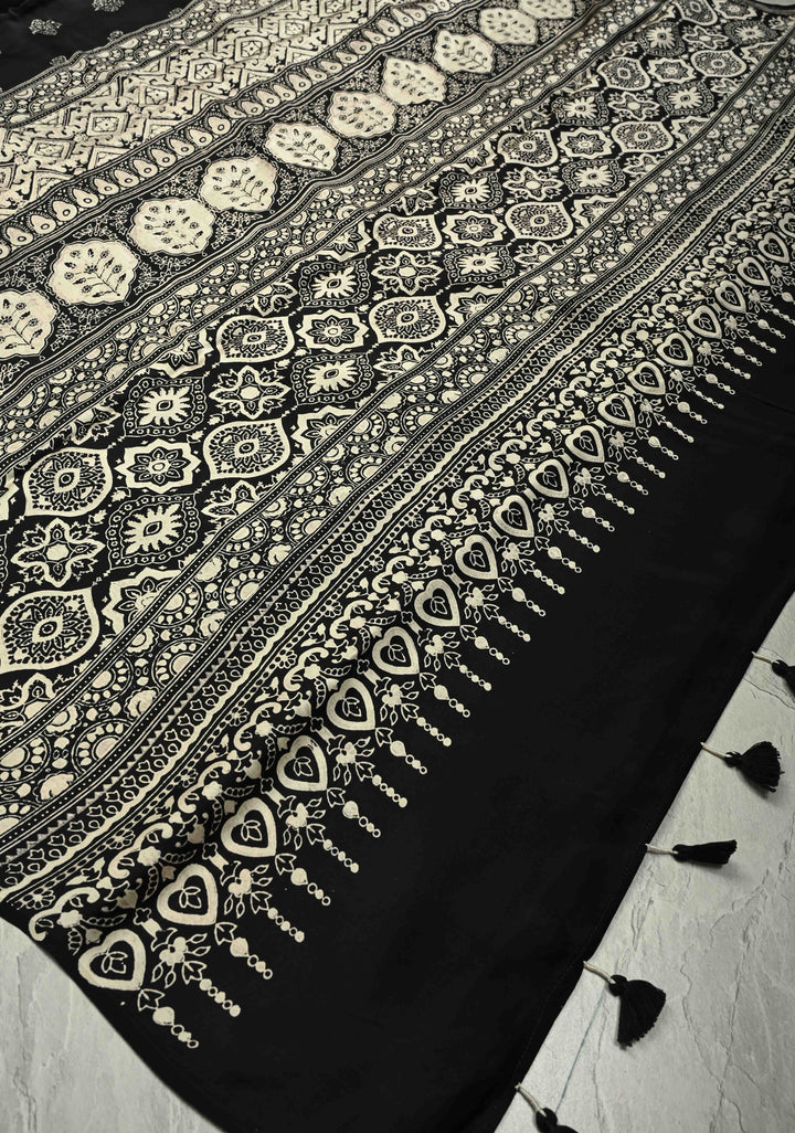 Black-White Modal Silk Saree with Ajrakh Hand Block Print