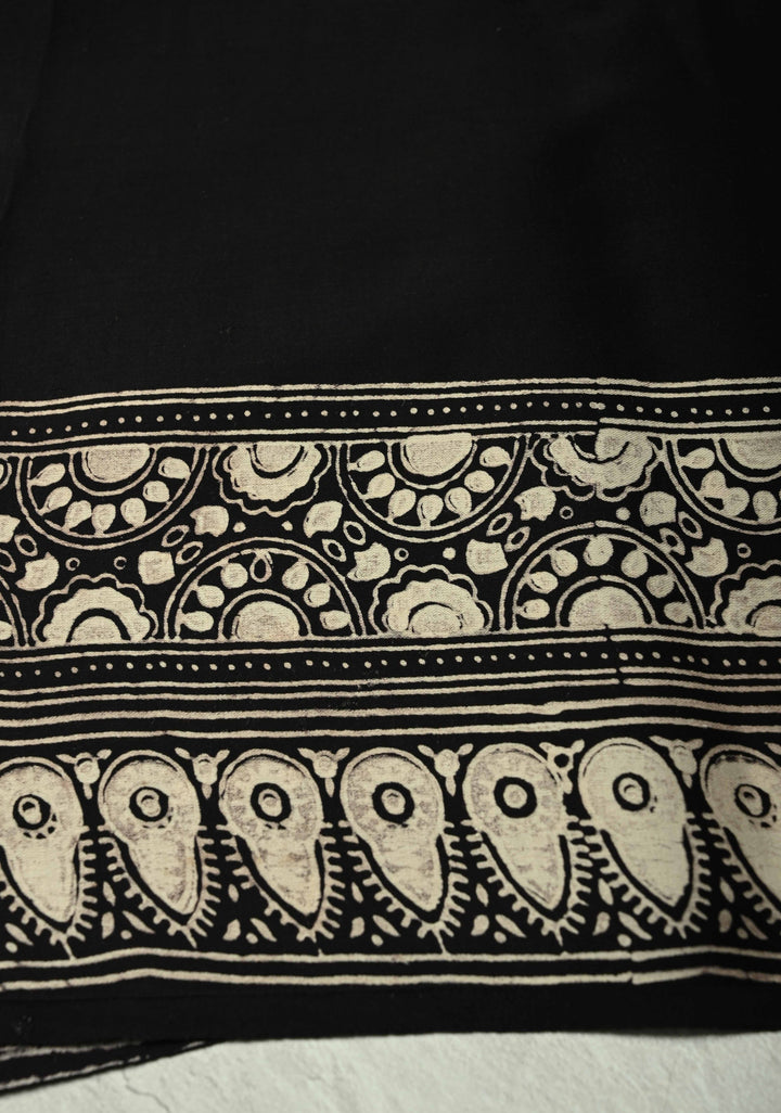 Black-White Modal Silk Saree with Ajrakh Hand Block Print