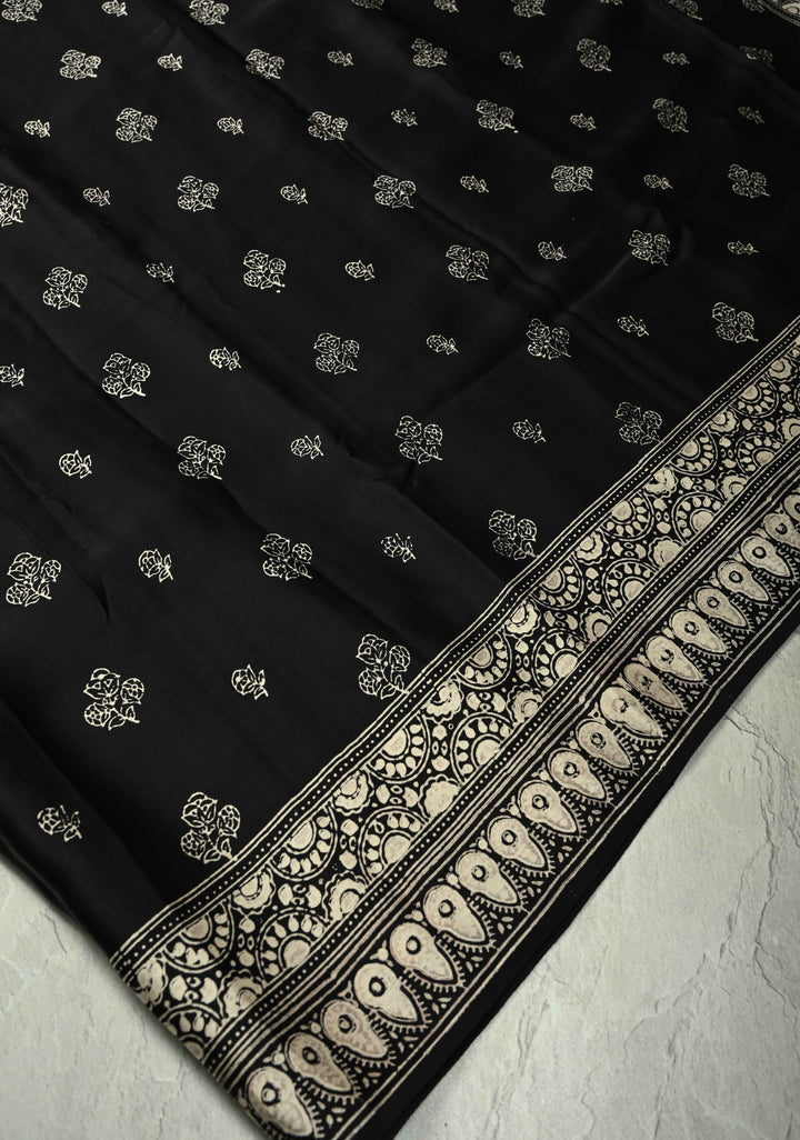 Black-White Modal Silk Saree with Ajrakh Hand Block Print