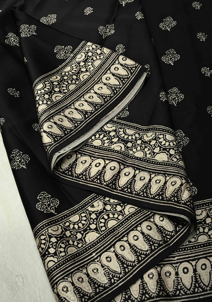 Black-White Modal Silk Saree with Ajrakh Hand Block Print