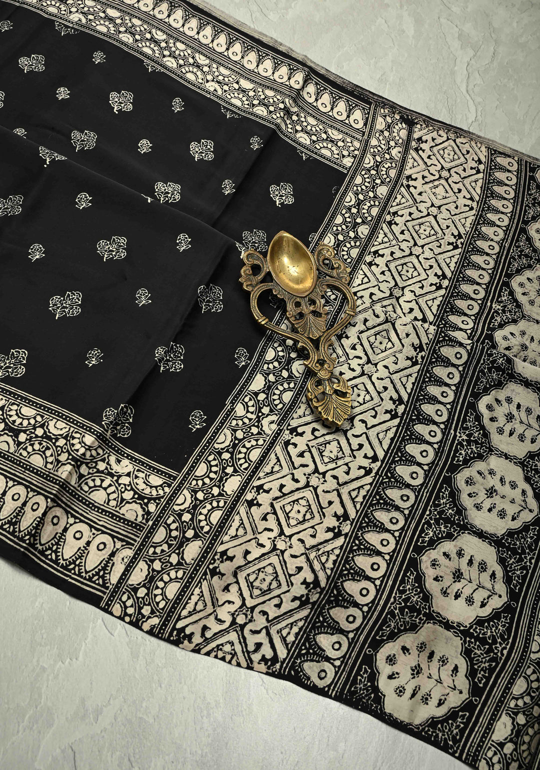 Black-White Modal Silk Saree with Ajrakh Hand Block Print