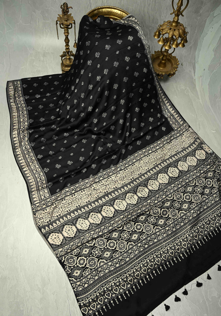 Black-White Modal Silk Saree with Ajrakh Hand Block Print