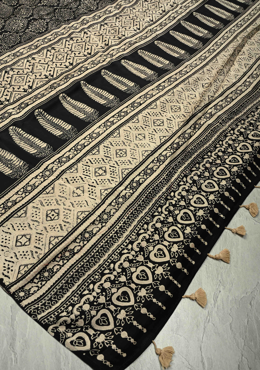 Black-White Modal Silk Saree with Ajrakh Hand Block Print and Contrast Red Blouse Piece