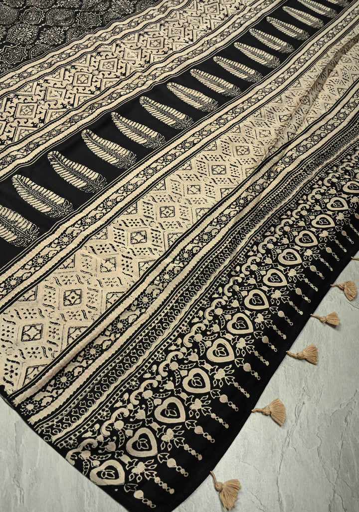 Black-White Modal Silk Saree with Ajrakh Hand Block Print and Contrast Red Blouse Piece