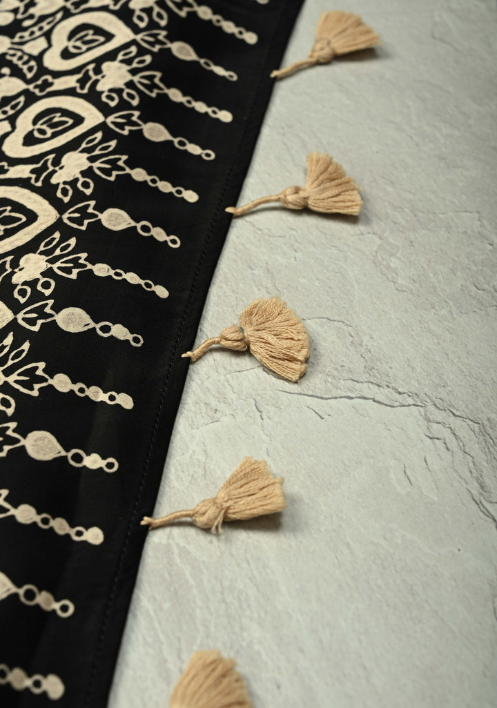 Black-White Modal Silk Saree with Ajrakh Hand Block Print and Contrast Red Blouse Piece