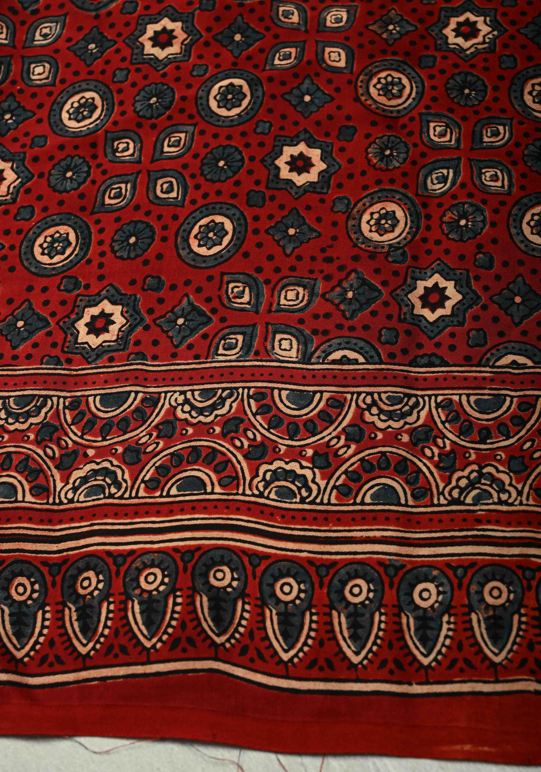 Black-White Modal Silk Saree with Ajrakh Hand Block Print and Contrast Red Blouse Piece