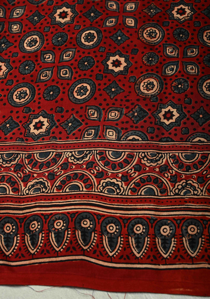 Black-White Modal Silk Saree with Ajrakh Hand Block Print and Contrast Red Blouse Piece