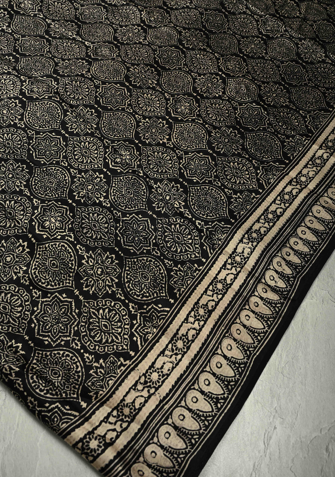 Black-White Modal Silk Saree with Ajrakh Hand Block Print and Contrast Red Blouse Piece