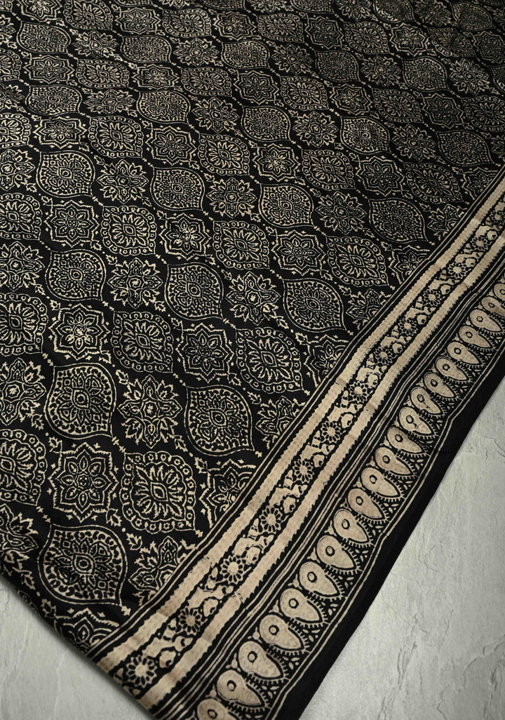 Black-White Modal Silk Saree with Ajrakh Hand Block Print and Contrast Red Blouse Piece