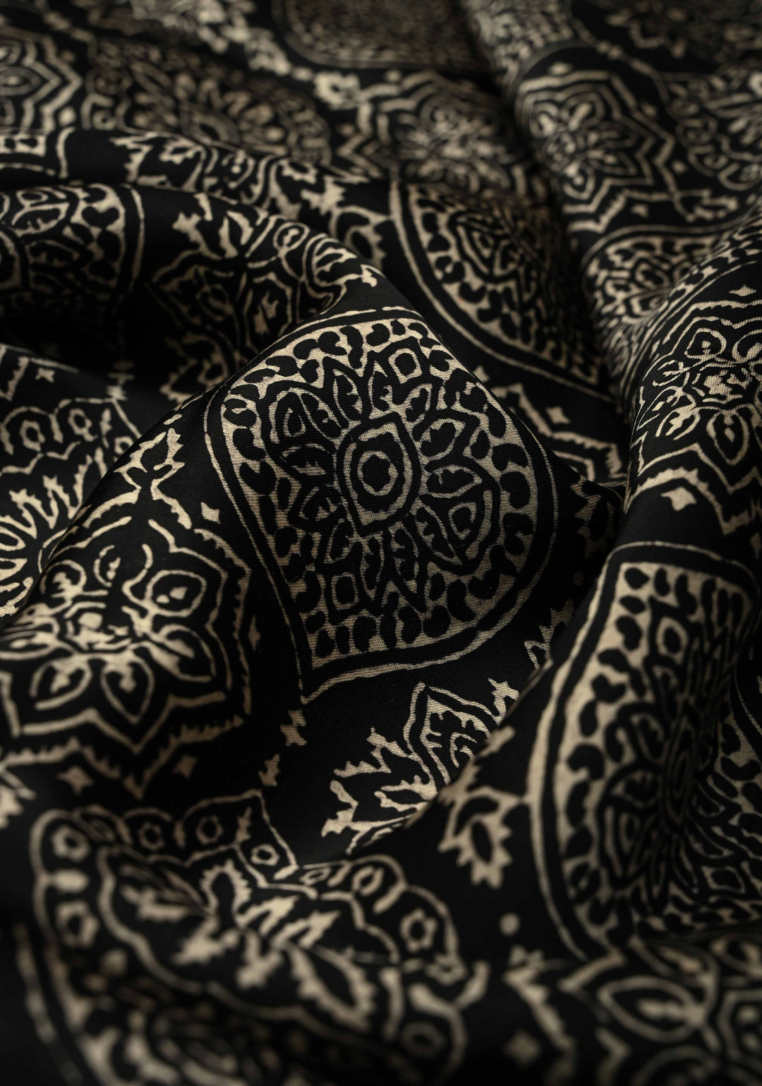 Black-White Modal Silk Saree with Ajrakh Hand Block Print and Contrast Red Blouse Piece