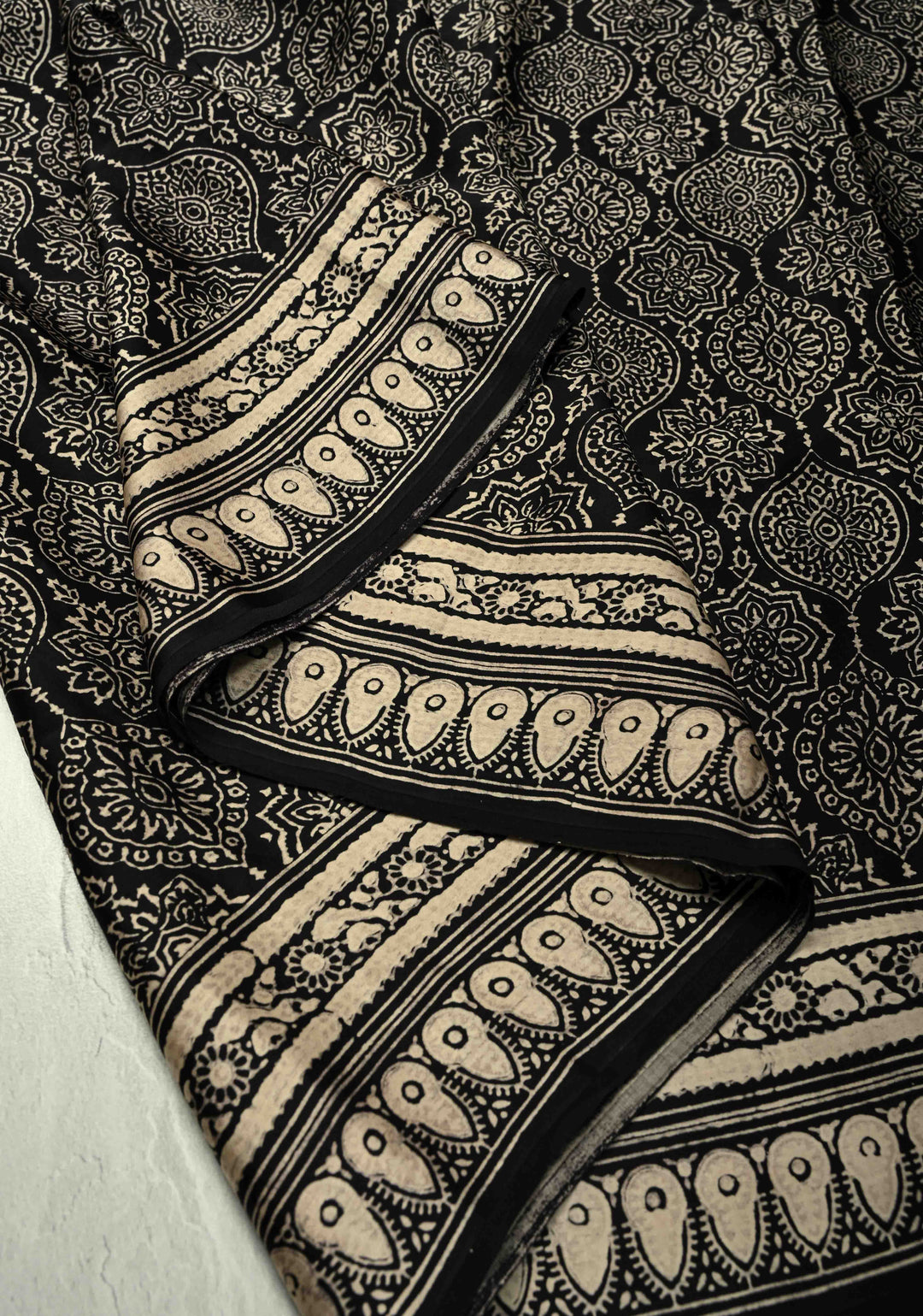 Black-White Modal Silk Saree with Ajrakh Hand Block Print and Contrast Red Blouse Piece