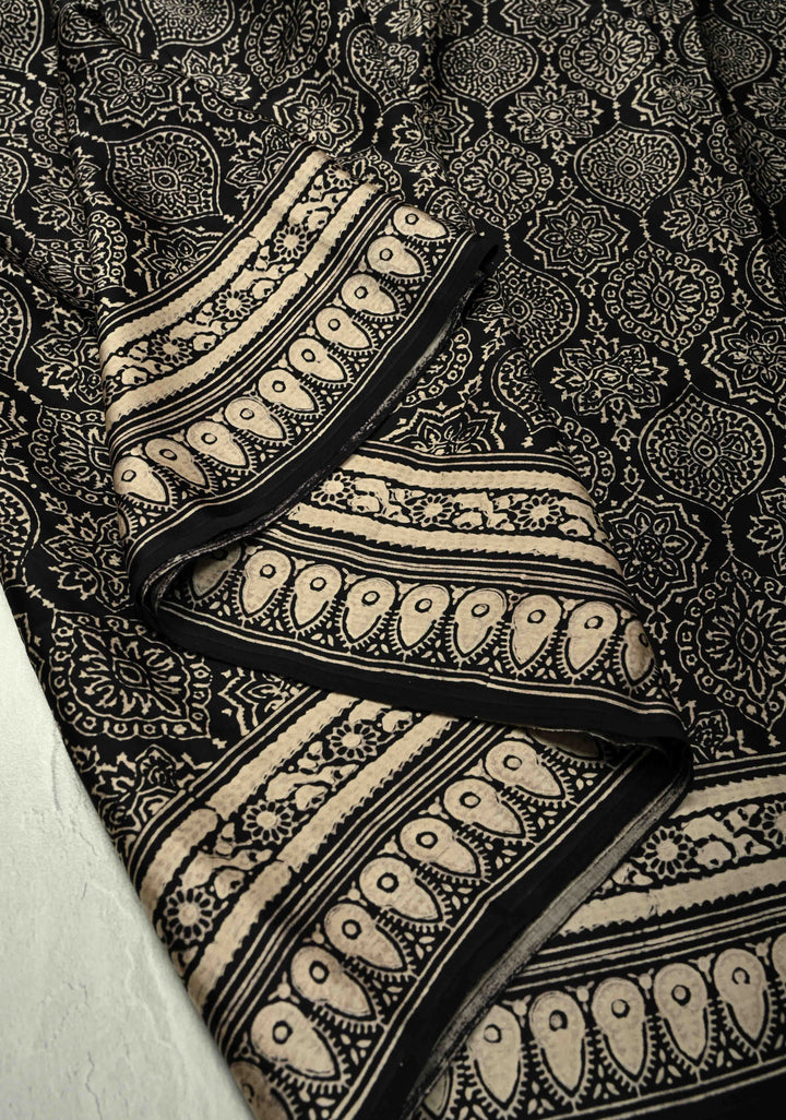 Black-White Modal Silk Saree with Ajrakh Hand Block Print and Contrast Red Blouse Piece