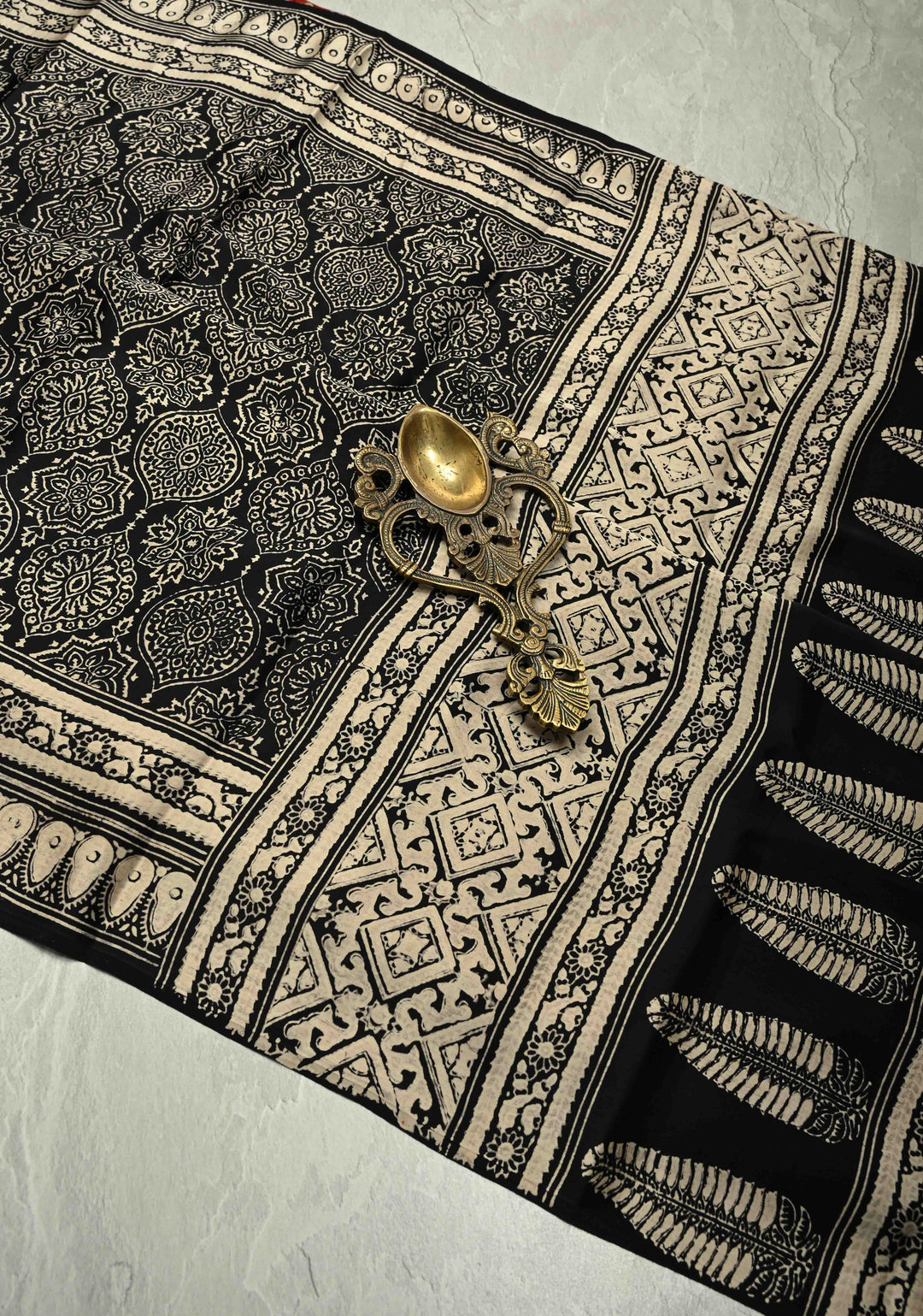 Black-White Modal Silk Saree with Ajrakh Hand Block Print and Contrast Red Blouse Piece