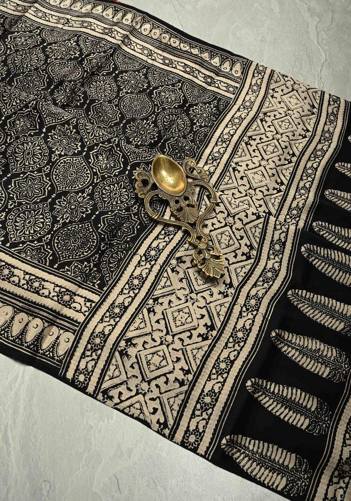 Black-White Modal Silk Saree with Ajrakh Hand Block Print and Contrast Red Blouse Piece