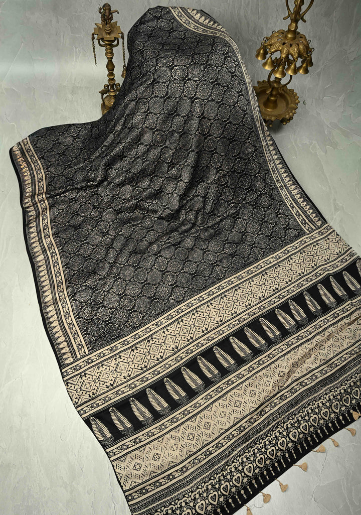 Black-White Modal Silk Saree with Ajrakh Hand Block Print and Contrast Red Blouse Piece