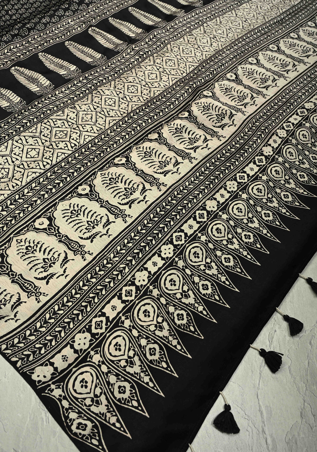 Black and White Modal Silk Saree with Ajrakh Hand Block Print