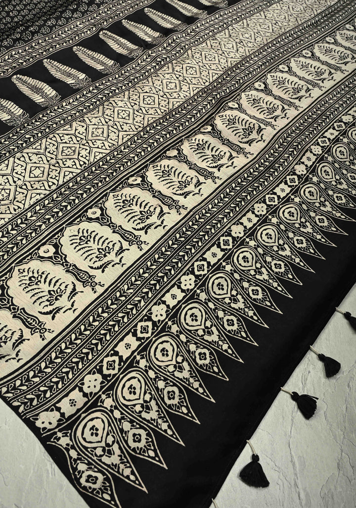 Black and White Modal Silk Saree with Ajrakh Hand Block Print
