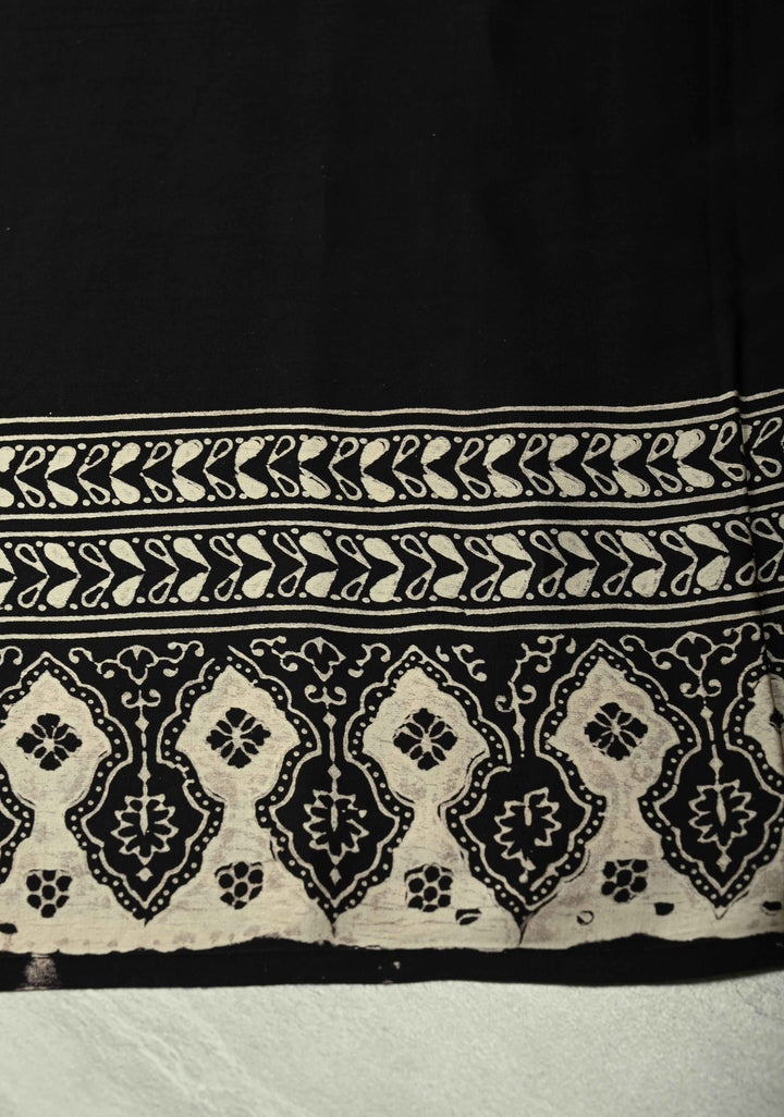 Black and White Modal Silk Saree with Ajrakh Hand Block Print