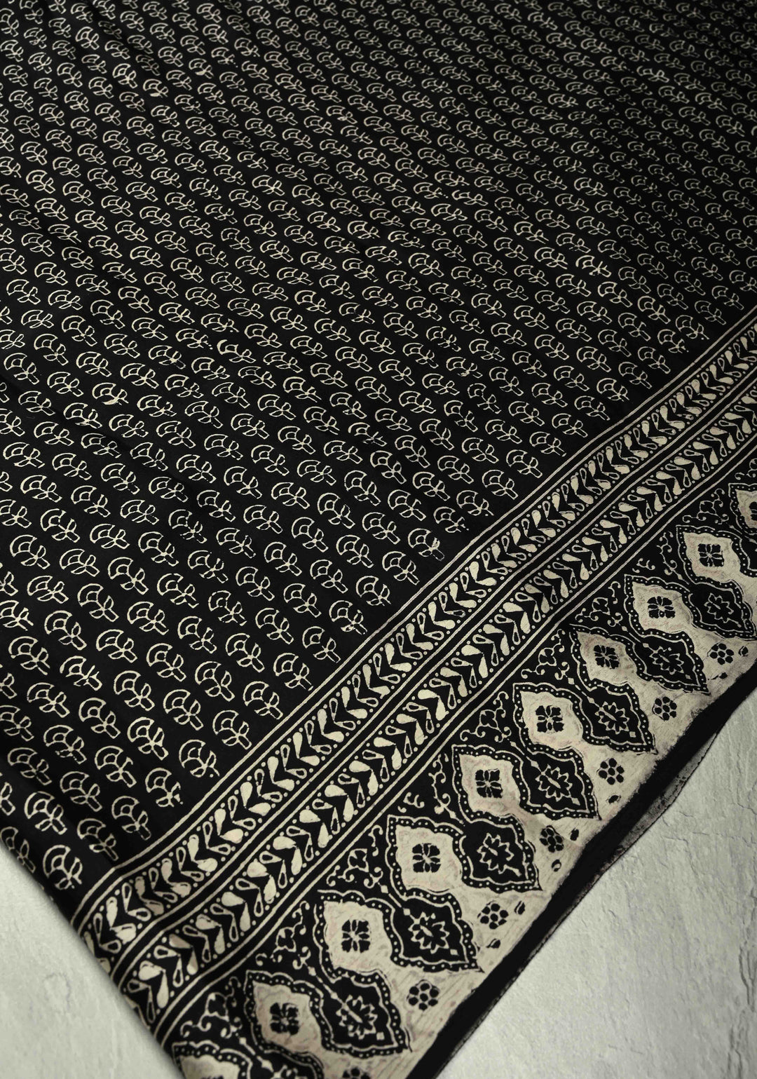 Black and White Modal Silk Saree with Ajrakh Hand Block Print
