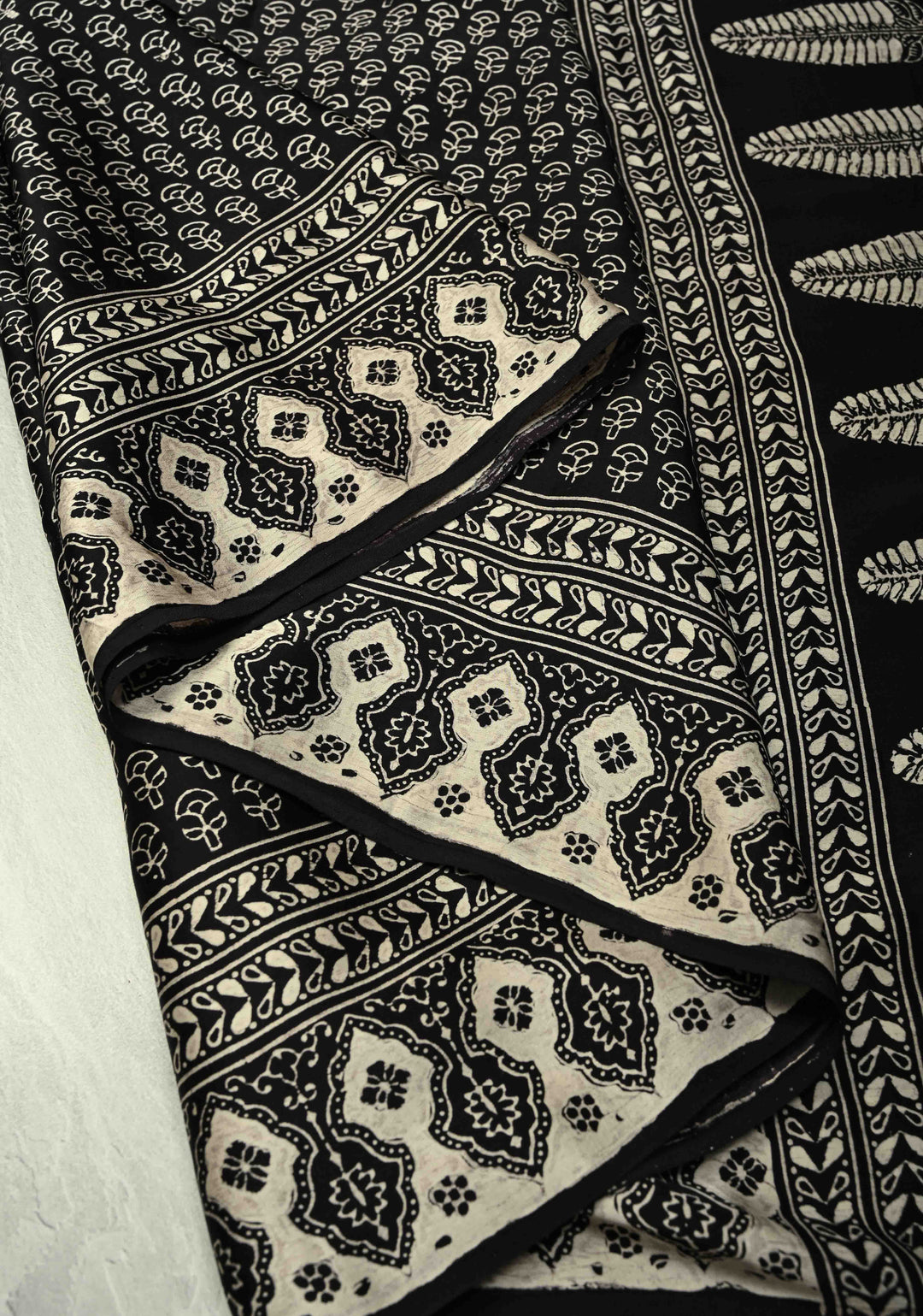 Black and White Modal Silk Saree with Ajrakh Hand Block Print