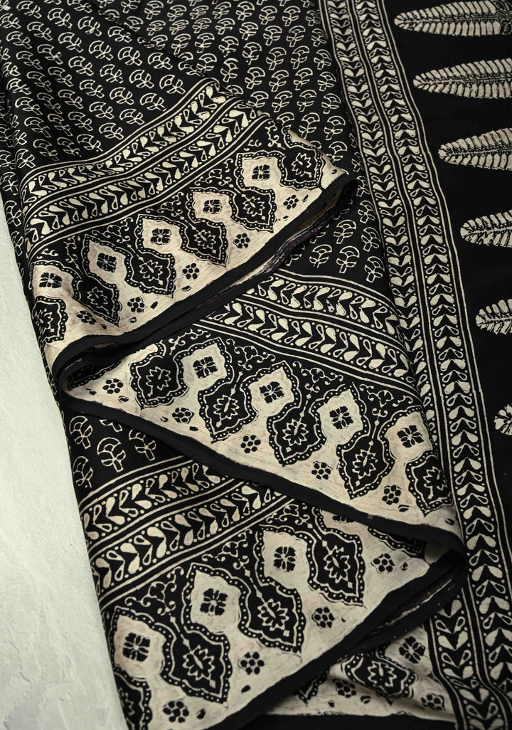 Black and White Modal Silk Saree with Ajrakh Hand Block Print