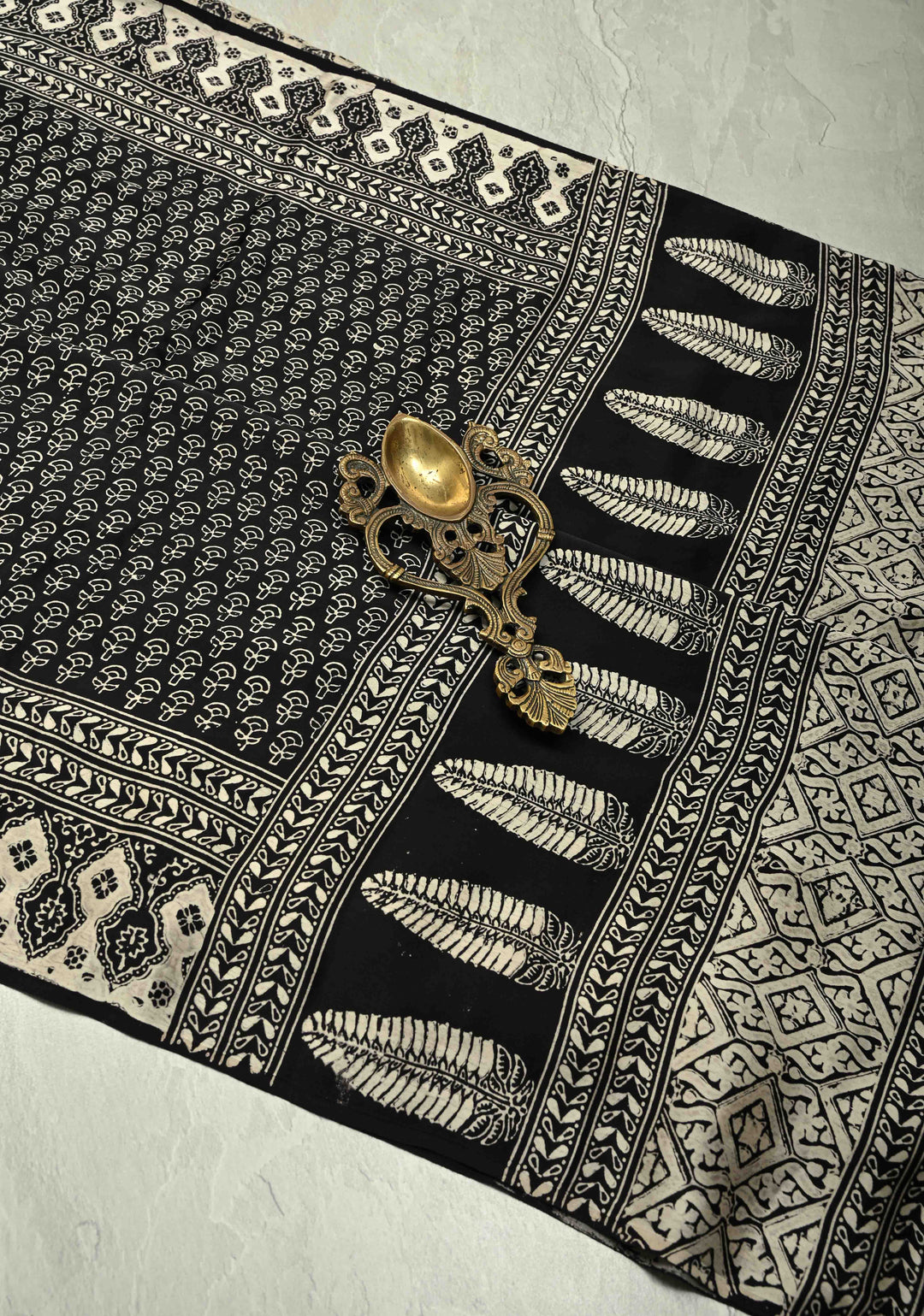 Black and White Modal Silk Saree with Ajrakh Hand Block Print
