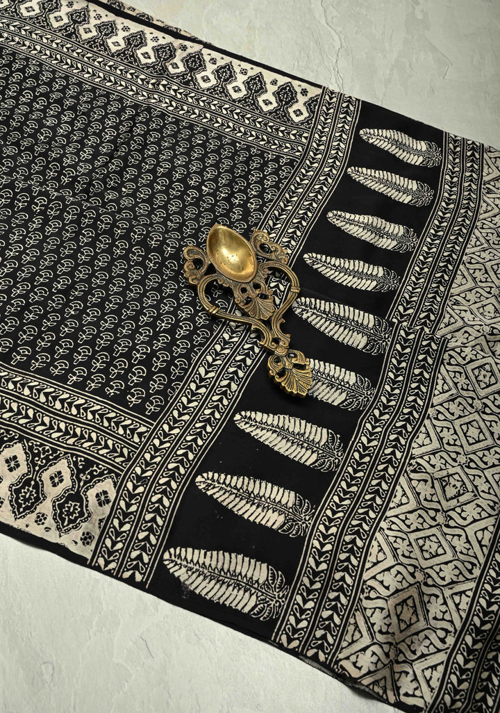 Black and White Modal Silk Saree with Ajrakh Hand Block Print