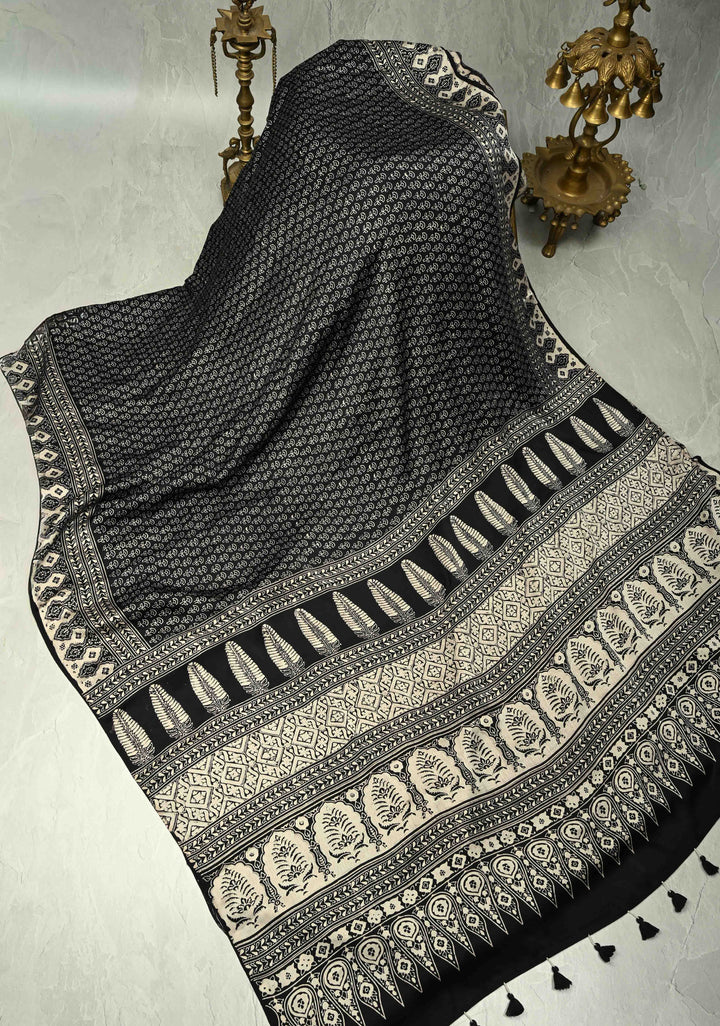Black and White Modal Silk Saree with Ajrakh Hand Block Print