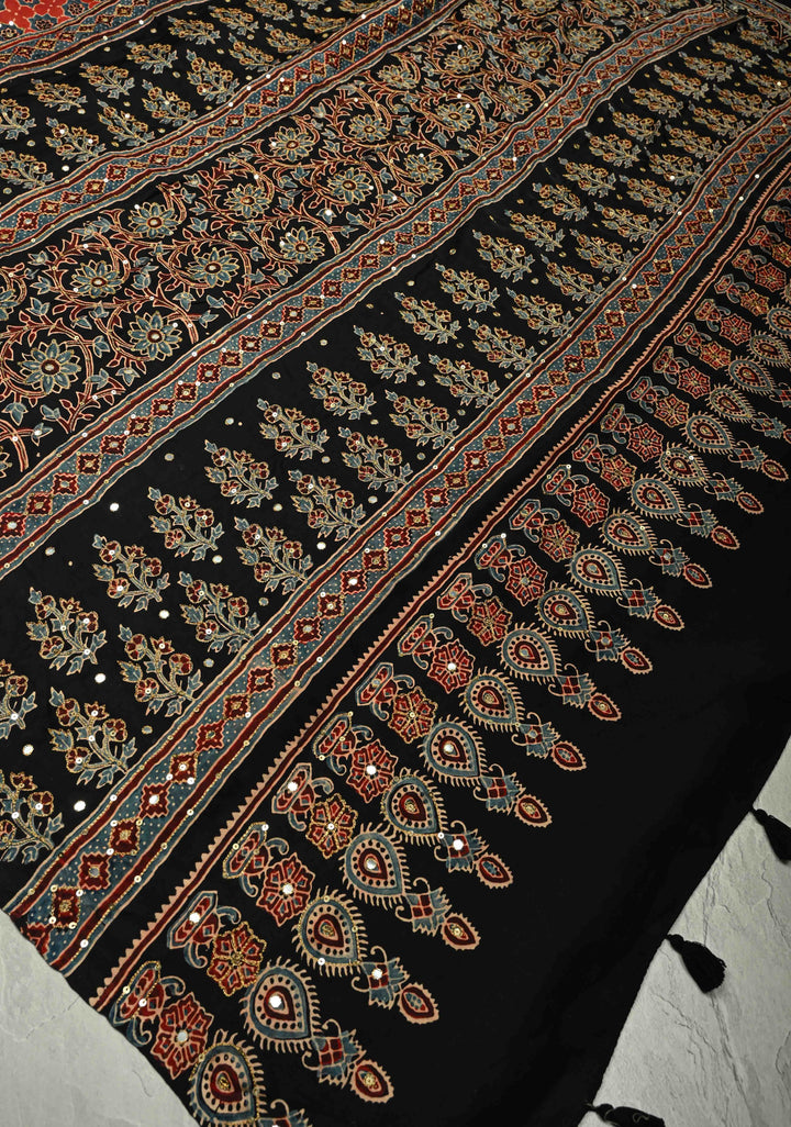 Ajrakh Hand Block Printed in Blue Modal Silk Saree with Aari and Mirror Work (Copy)