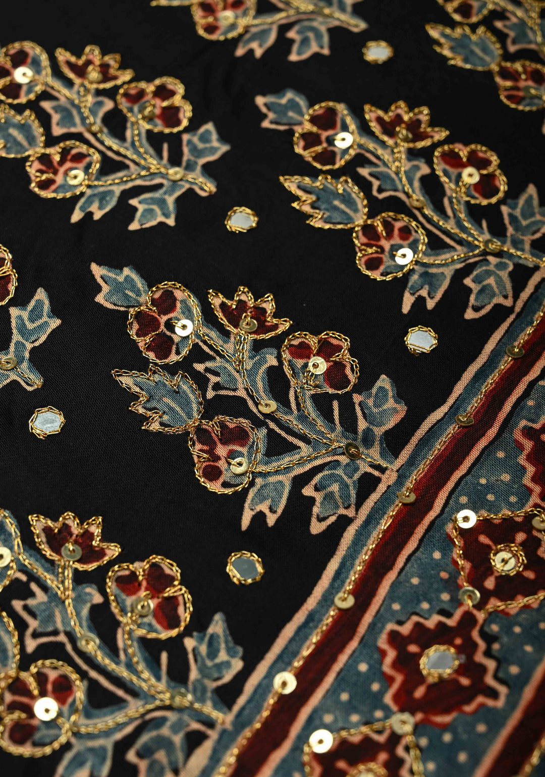 Ajrakh Hand Block Printed in Blue Modal Silk Saree with Aari and Mirror Work (Copy)