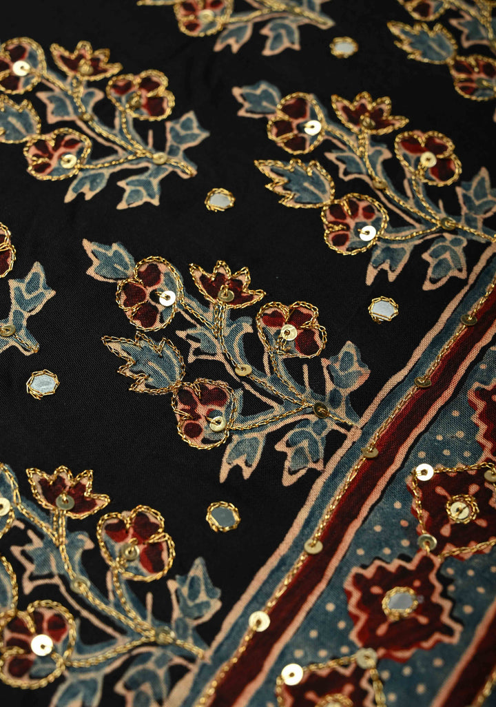 Ajrakh Hand Block Printed in Blue Modal Silk Saree with Aari and Mirror Work (Copy)