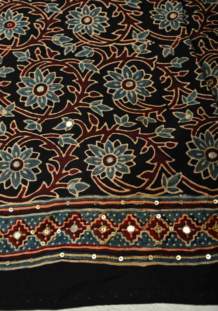 Ajrakh Hand Block Printed in Blue Modal Silk Saree with Aari and Mirror Work (Copy)