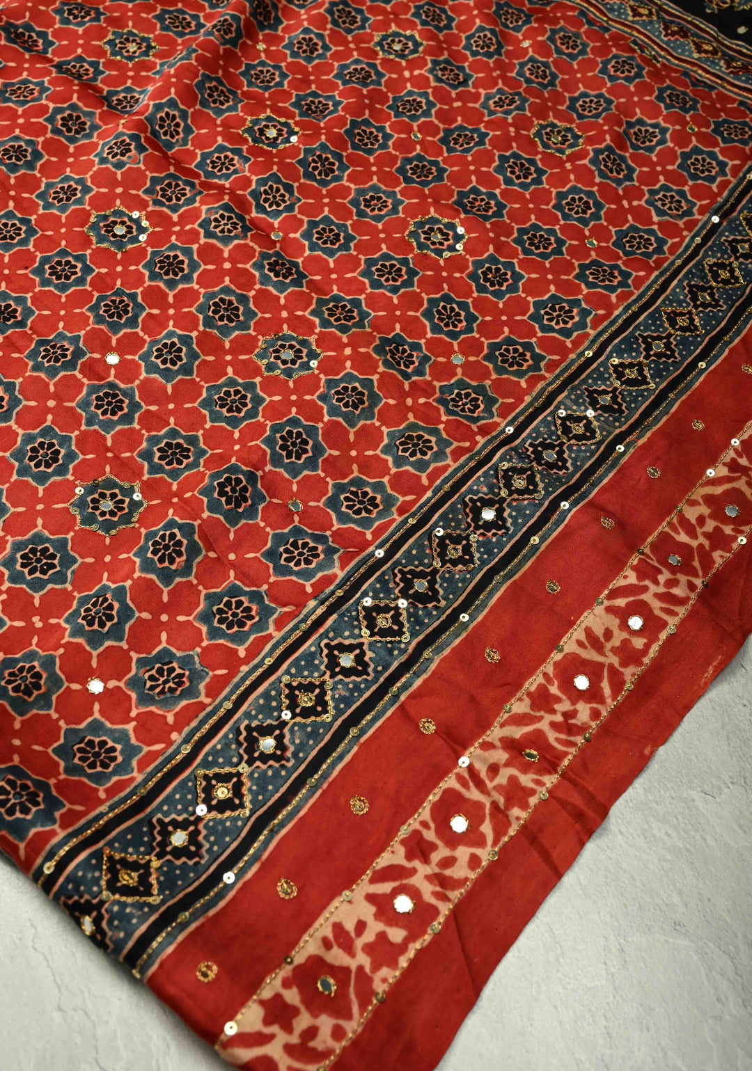 Ajrakh Hand Block Printed in Blue Modal Silk Saree with Aari and Mirror Work (Copy)