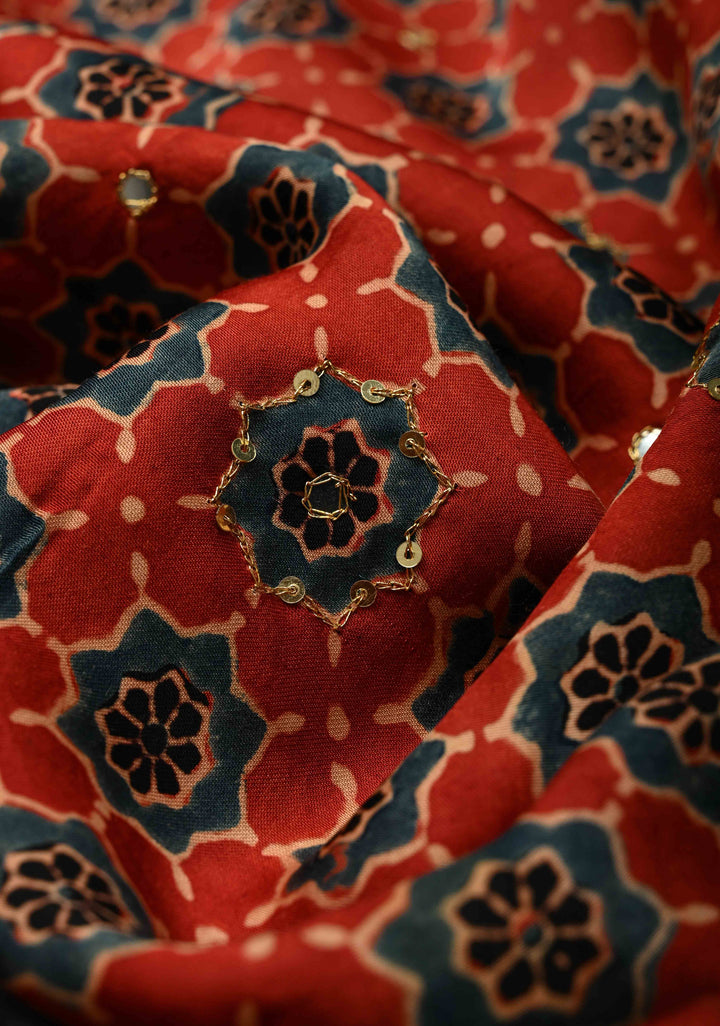 Ajrakh Hand Block Printed in Blue Modal Silk Saree with Aari and Mirror Work (Copy)