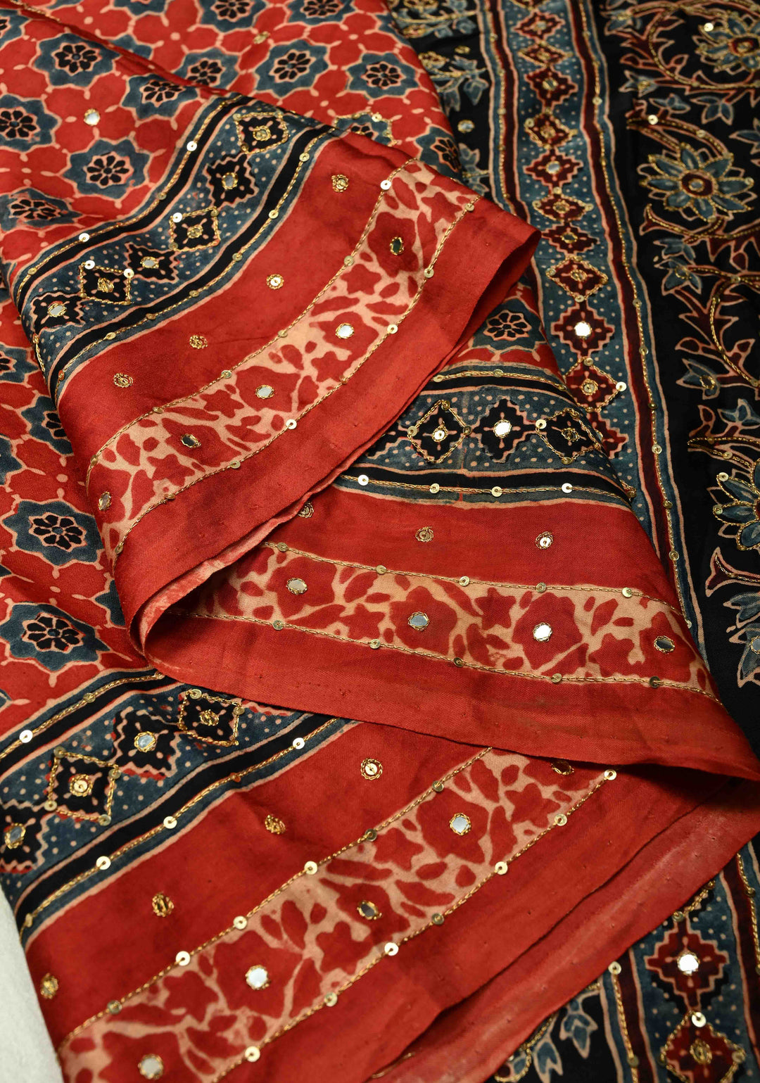 Ajrakh Hand Block Printed in Blue Modal Silk Saree with Aari and Mirror Work (Copy)