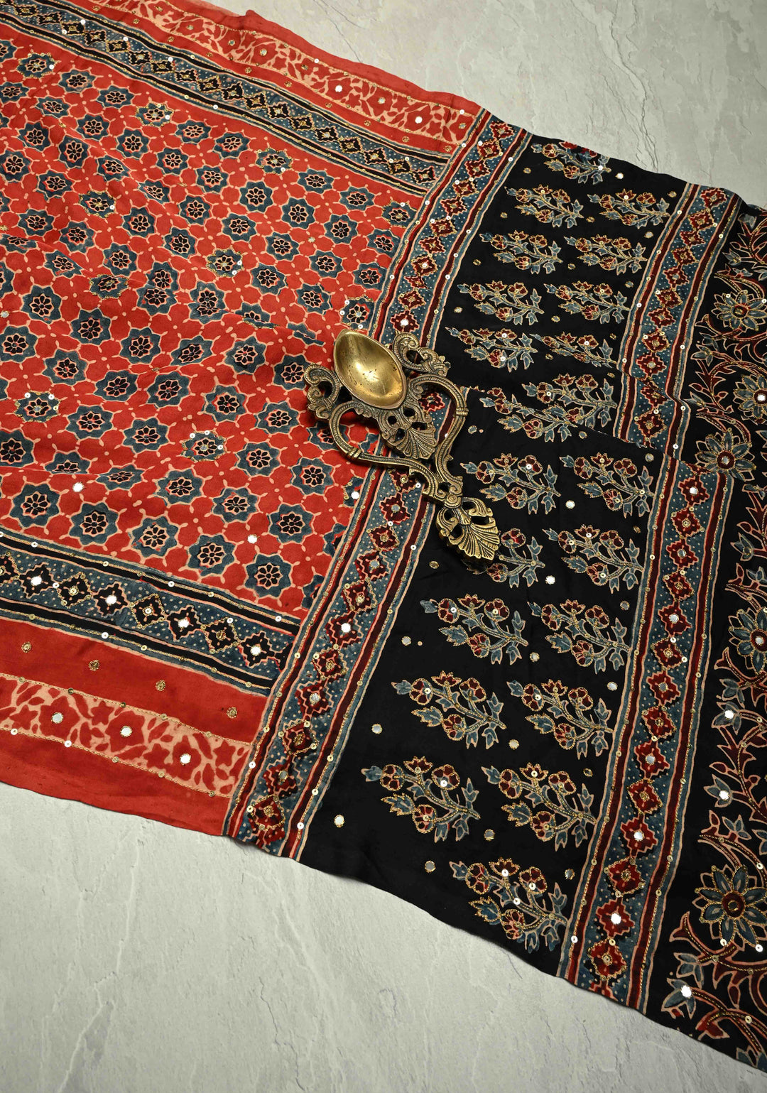 Ajrakh Hand Block Printed in Blue Modal Silk Saree with Aari and Mirror Work (Copy)