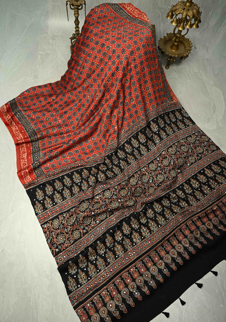 Ajrakh Hand Block Printed in Blue Modal Silk Saree with Aari and Mirror Work (Copy)