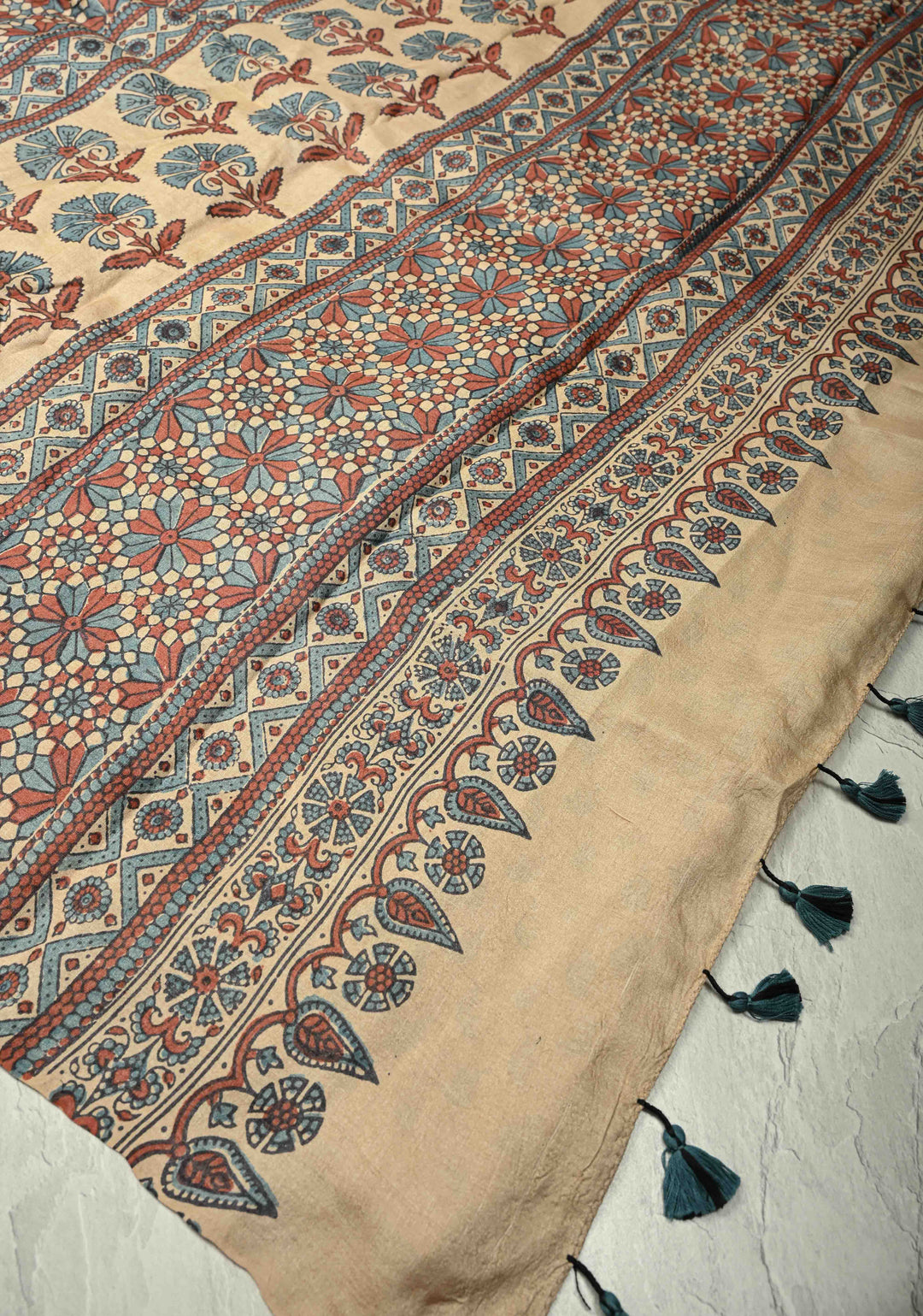 Brown Jari Tussar Silk saree with Ajrakh Design Block Print and Handpainted Krishna Face on Pallu | SILK MARK CERTIFIED (Copy)