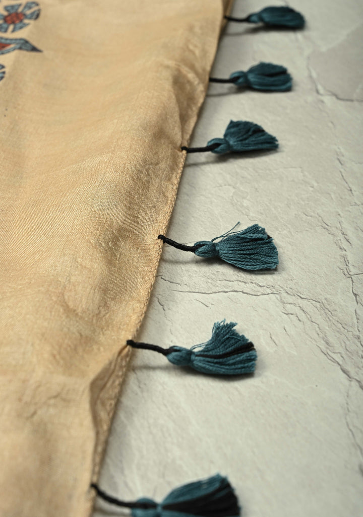 Brown Jari Tussar Silk saree with Ajrakh Design Block Print and Handpainted Krishna Face on Pallu | SILK MARK CERTIFIED (Copy)