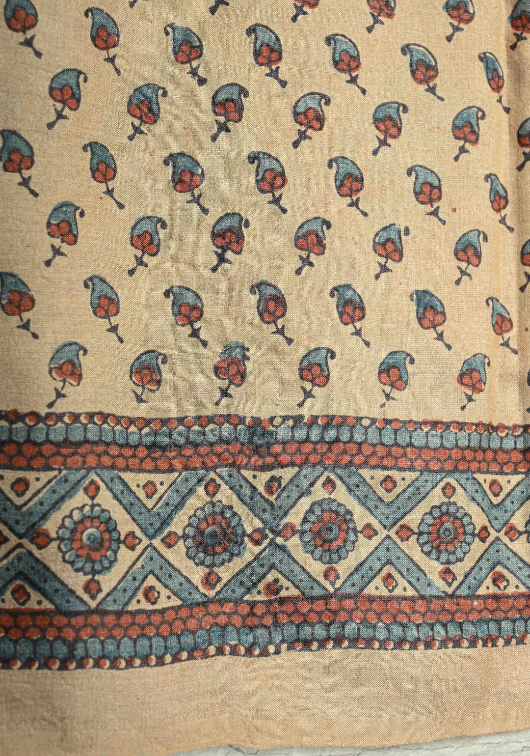 Brown Jari Tussar Silk saree with Ajrakh Design Block Print and Handpainted Krishna Face on Pallu | SILK MARK CERTIFIED (Copy)