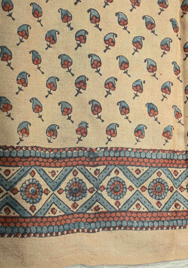 Brown Jari Tussar Silk saree with Ajrakh Design Block Print and Handpainted Krishna Face on Pallu | SILK MARK CERTIFIED (Copy)