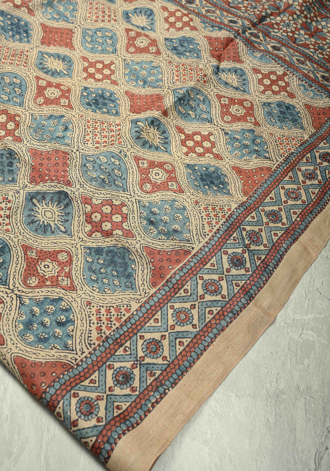 Brown Jari Tussar Silk saree with Ajrakh Design Block Print and Handpainted Krishna Face on Pallu | SILK MARK CERTIFIED (Copy)