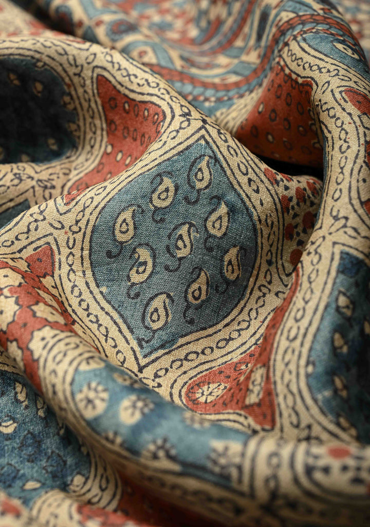 Brown Jari Tussar Silk saree with Ajrakh Design Block Print and Handpainted Krishna Face on Pallu | SILK MARK CERTIFIED (Copy)