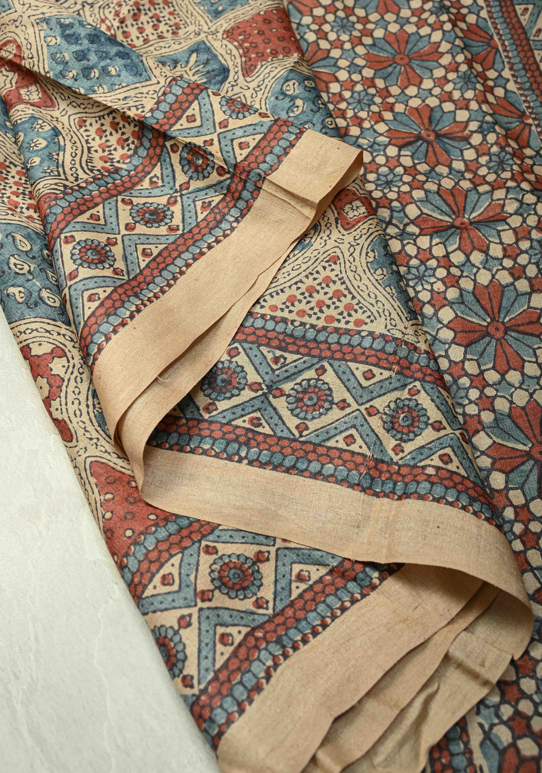 Brown Jari Tussar Silk saree with Ajrakh Design Block Print and Handpainted Krishna Face on Pallu | SILK MARK CERTIFIED (Copy)