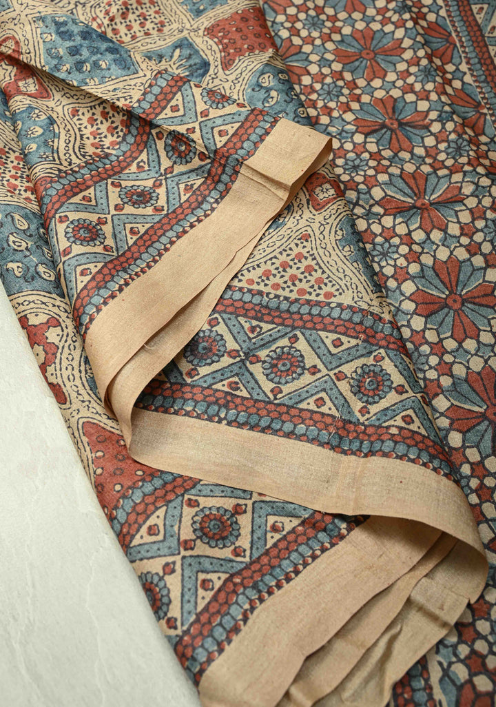 Brown Jari Tussar Silk saree with Ajrakh Design Block Print and Handpainted Krishna Face on Pallu | SILK MARK CERTIFIED (Copy)