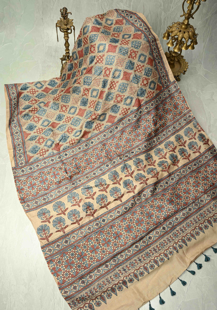 Brown Jari Tussar Silk saree with Ajrakh Design Block Print and Handpainted Krishna Face on Pallu | SILK MARK CERTIFIED (Copy)