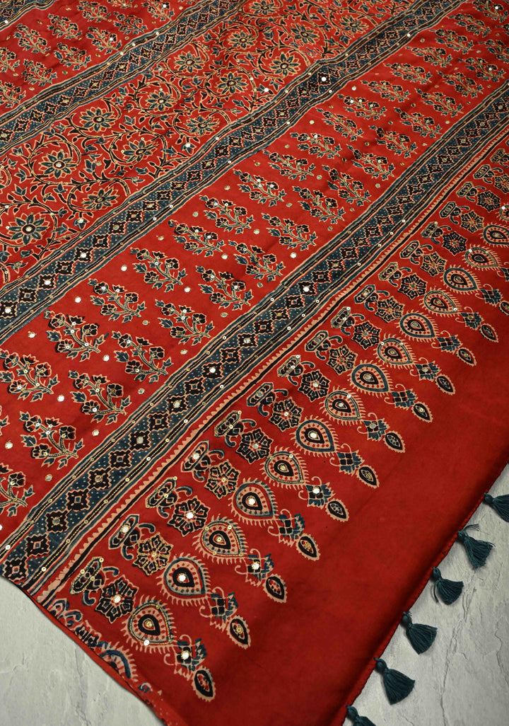 Black Ajrakh Hand Block Print on Modal Silk Saree with Aari-Mirror Work and Red Pallu