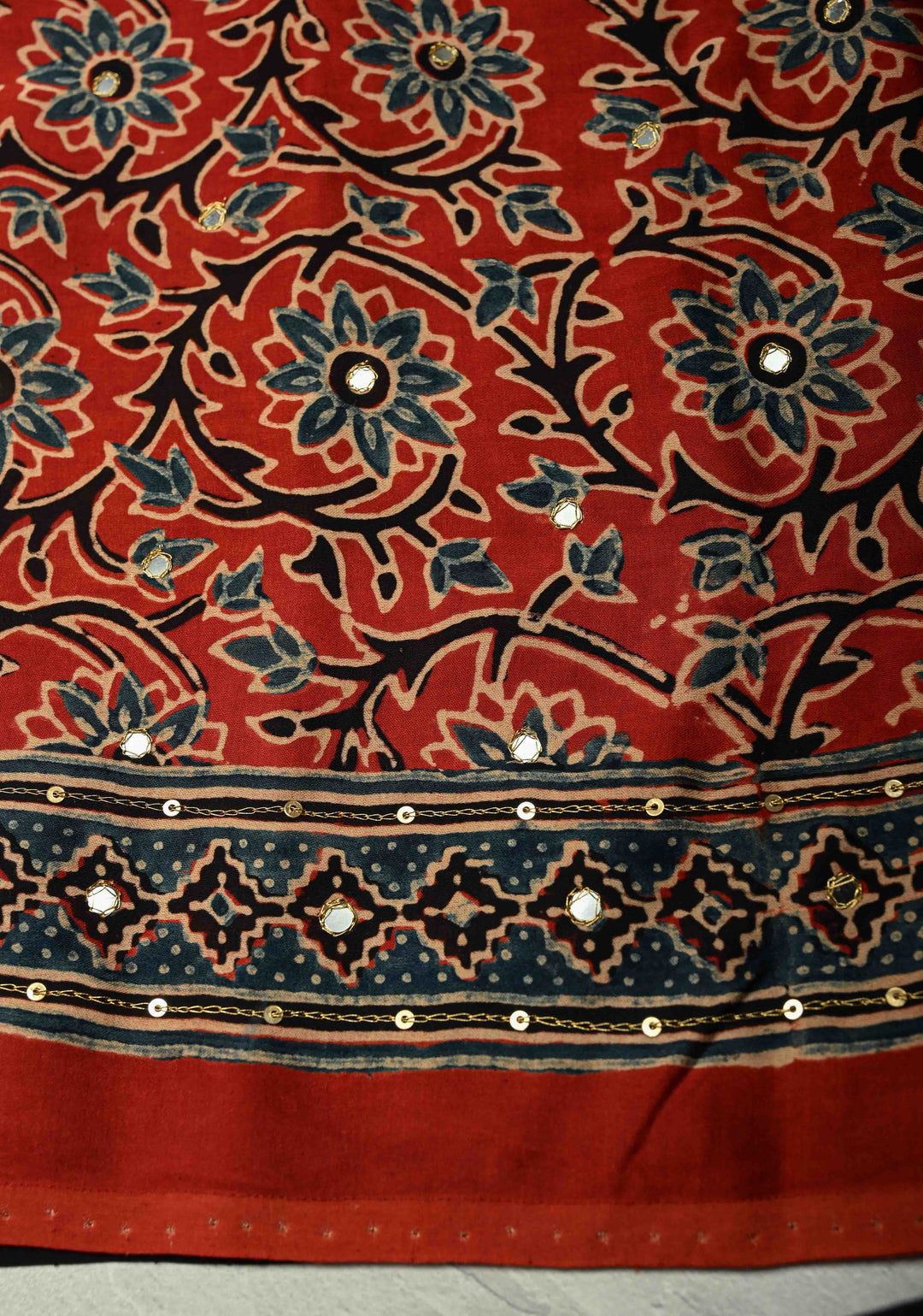 Black Ajrakh Hand Block Print on Modal Silk Saree with Aari-Mirror Work and Red Pallu