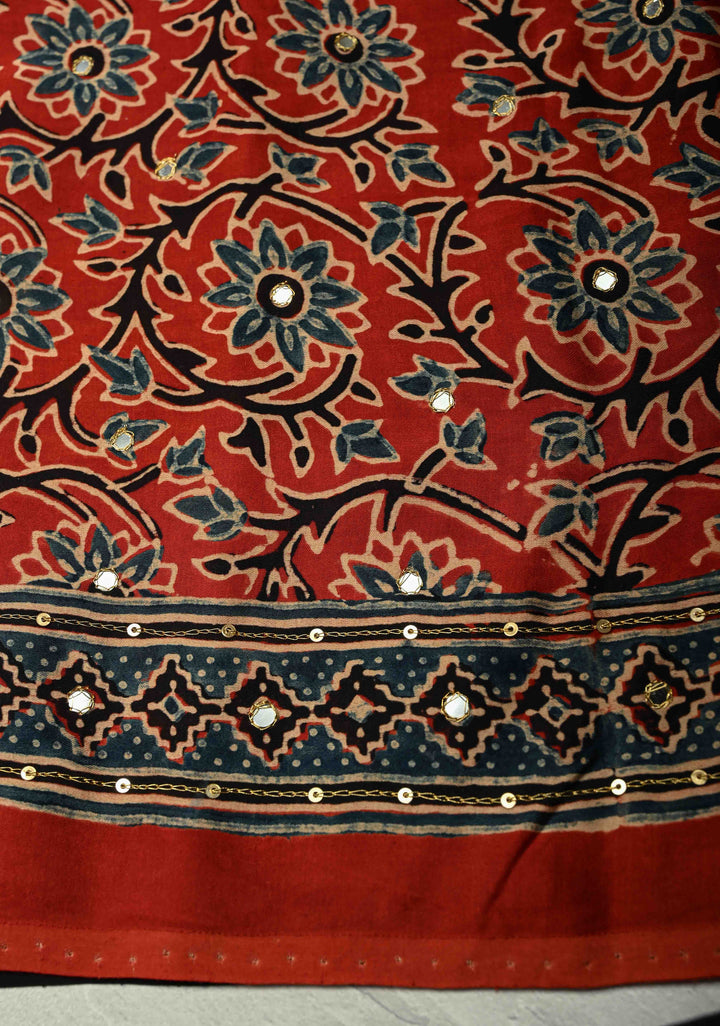 Black Ajrakh Hand Block Print on Modal Silk Saree with Aari-Mirror Work and Red Pallu